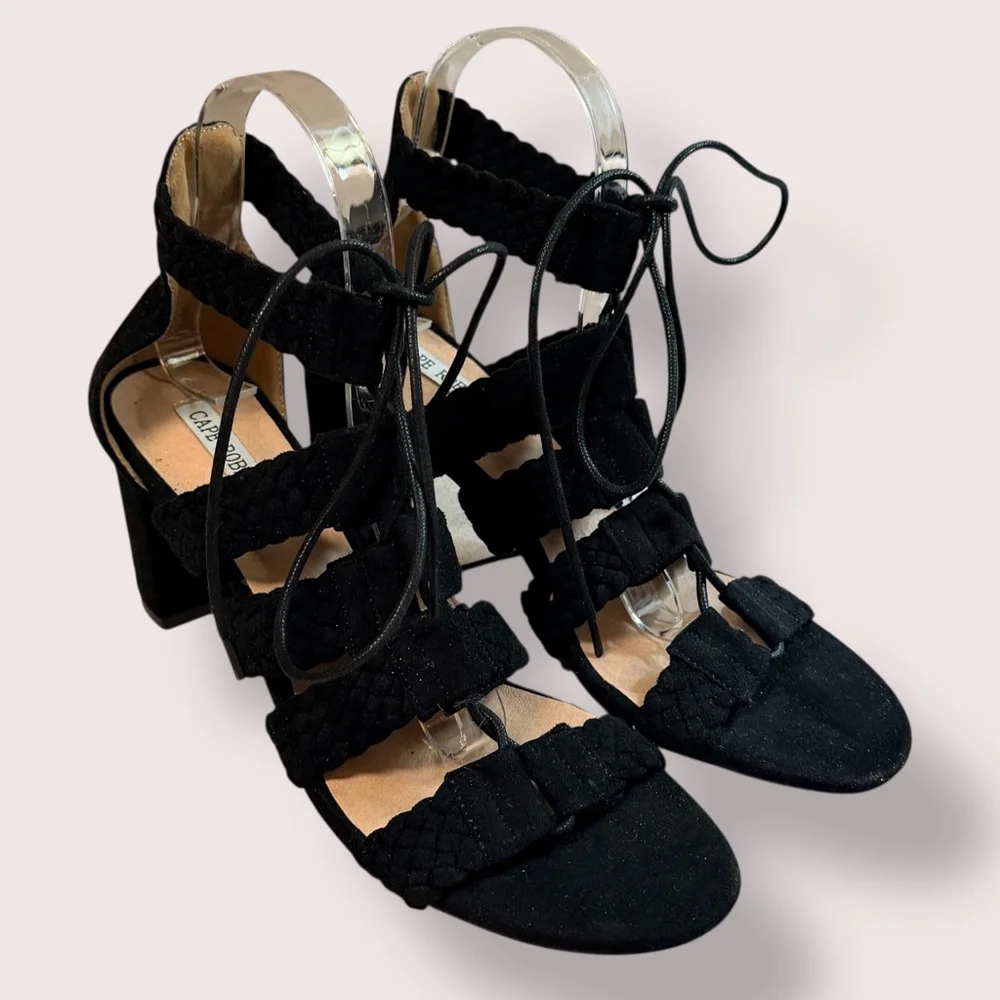 Cape Robbin Black Lace Up Braided Strap Block Heel Sandals Women’s Size 9